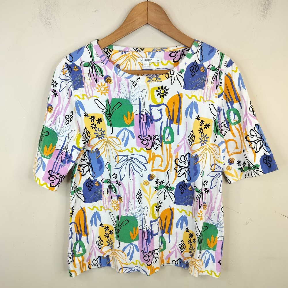 Chico's Floral Abstract Top 1 Medium Short Sleeve Pima Cotton Colorful